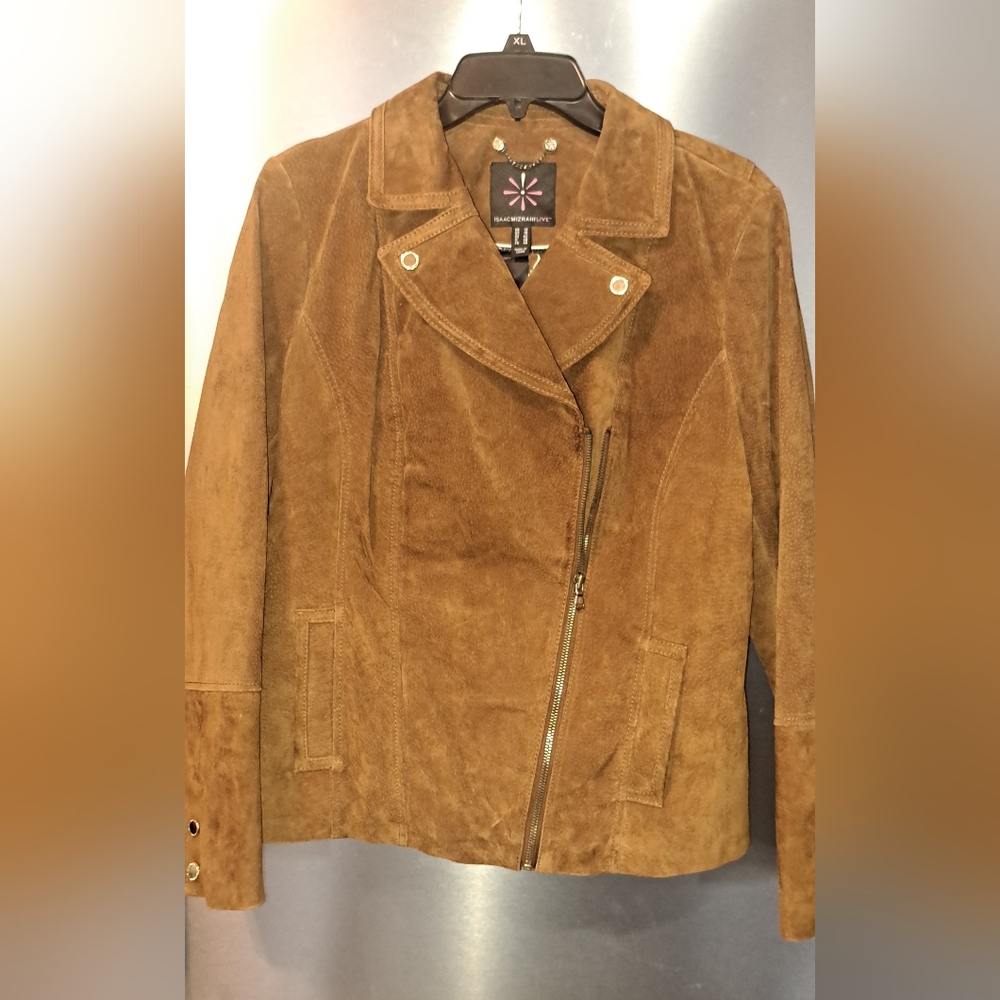 Gorgeous Isaac Mizrahi Leather Suede Motorcycle Moto Jacket Brown Gold Trim 12 - Picture 5 of 15